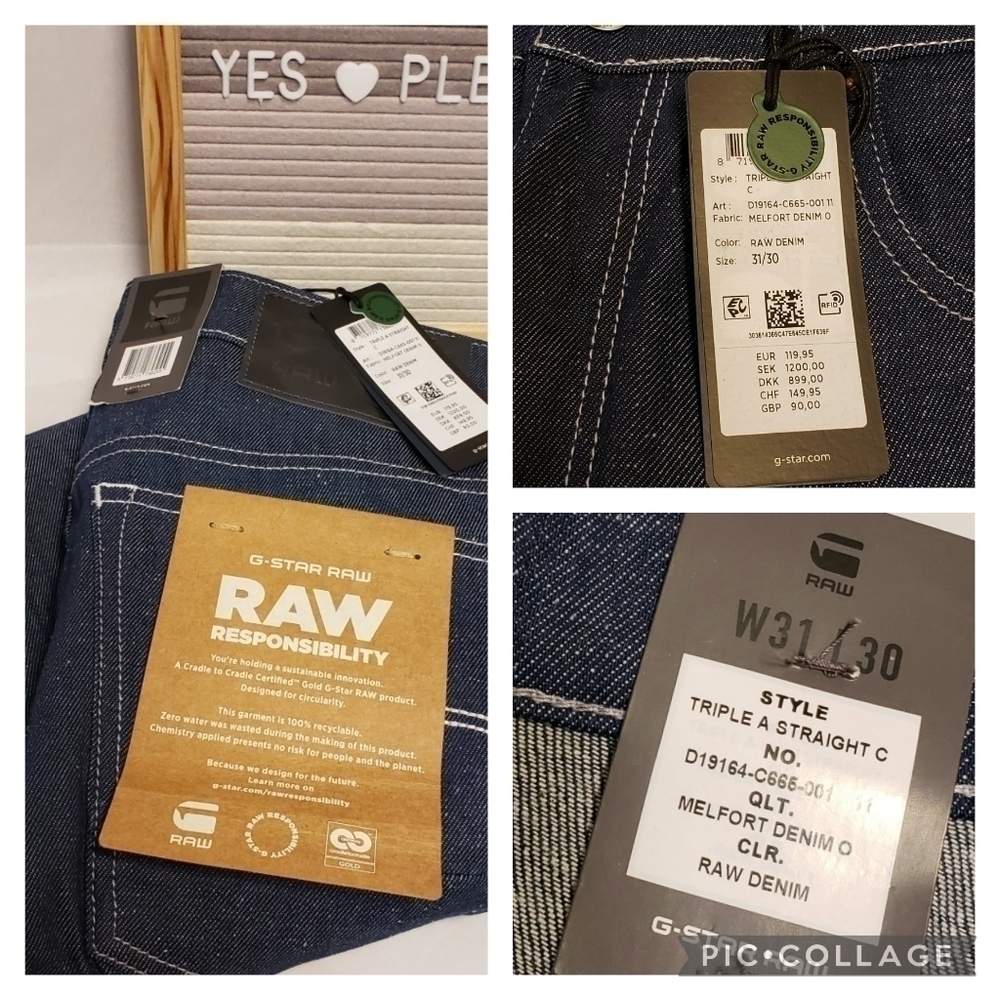 G-Star Raw 1 Triple A Straight Leg Button Fly Jeans NWT 31 x 30